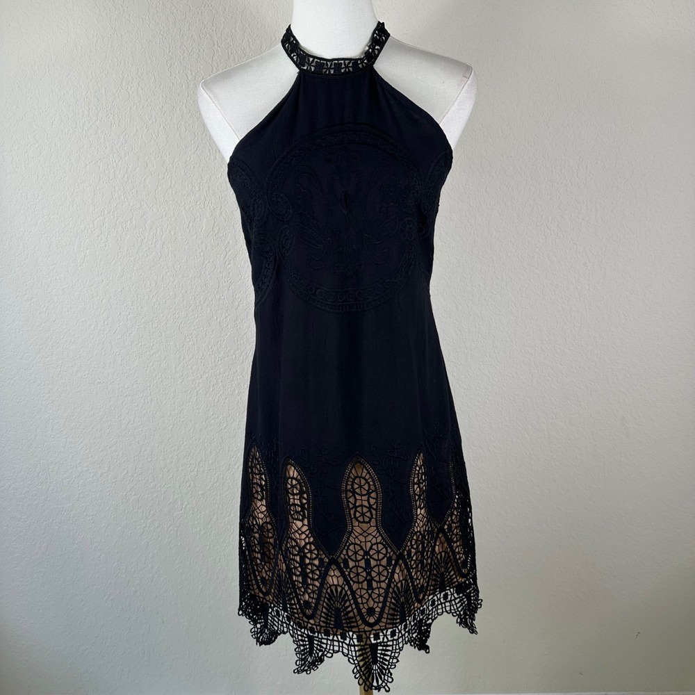 Bronte Halter Dress Women M Black Embroidered Crochet Lace Hem High Neck Goth